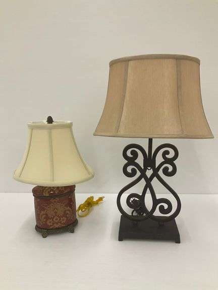 Pair of Table Lamps - Metal Scroll Base-23 in. tall and Decorative Floral... Work image