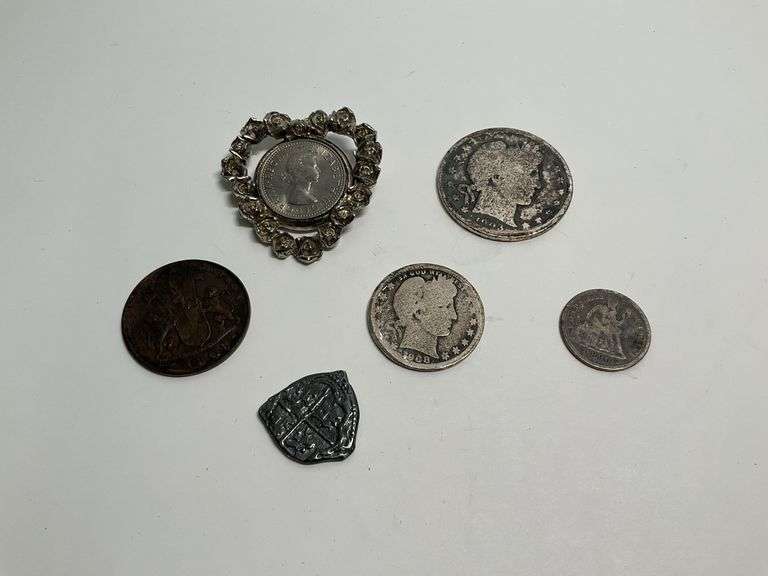 Mixed Coin Lot: US Barber Coinage, Foreign Currency Heart Shaped Coin Brooch & More image