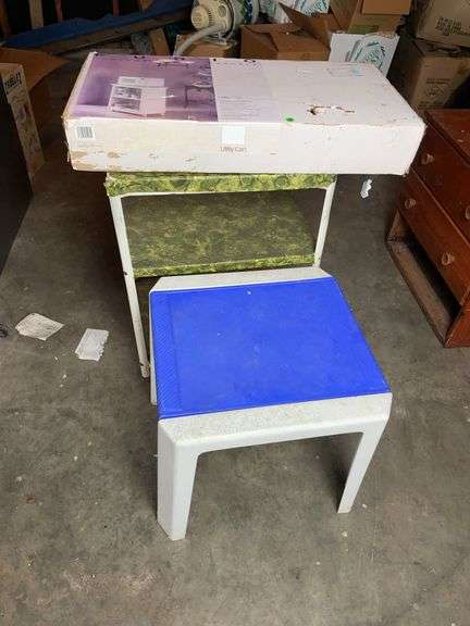 Vintage metal cart, plastic table and utility cart image