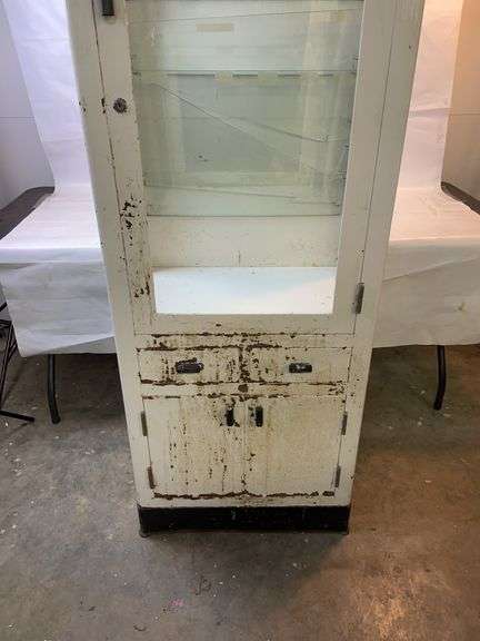 Vintage industrial white painted steel and glass medical cabinet image