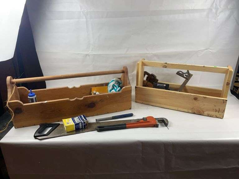 2 wooden toolboxes with all tools image