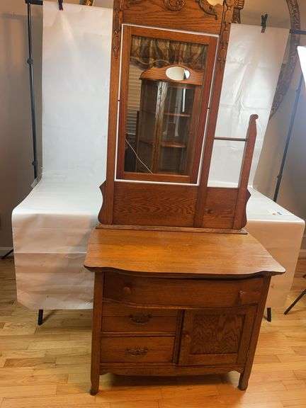 Antique Victorian solid oak dual harp washstand image