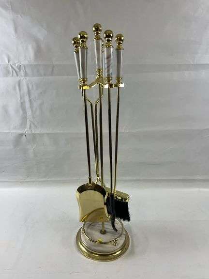 5 piece brass and marble fireplace set image