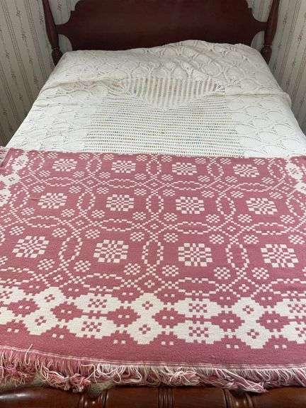 Vintage crochet blanket full size and  and pink throw image