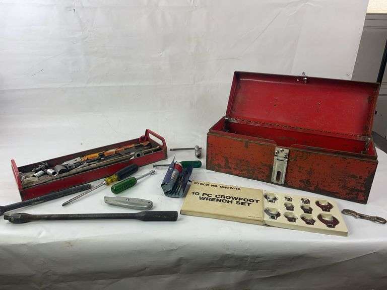 Red metal tool box with all contents image