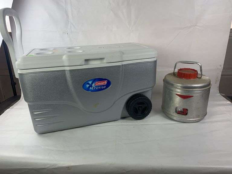 Coleman cooler on wheels and vintage featherflite drinking cooler image
