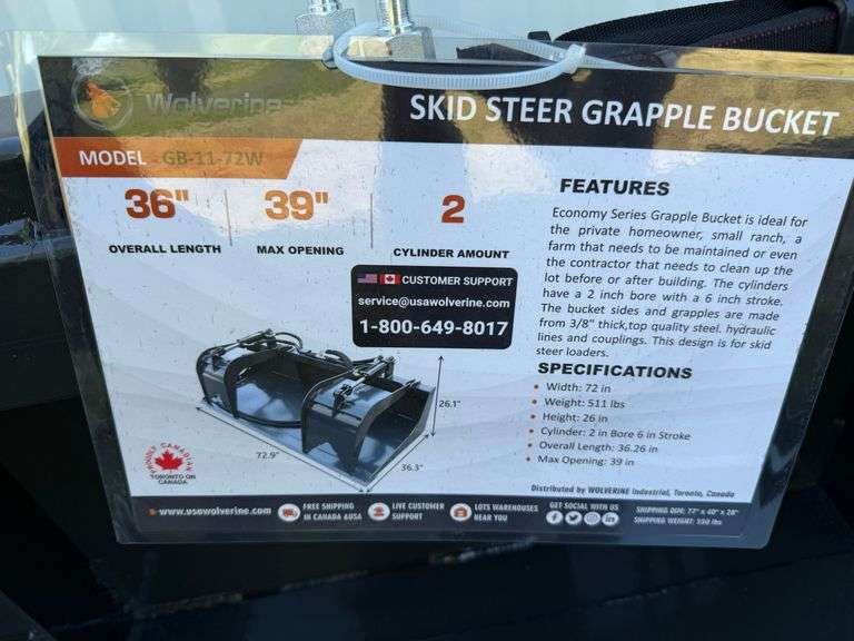 72” Wolverine Skid steer grapple Bucket