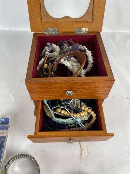 Jewelry Box with Costume Jewelry, Watches, and Necklace