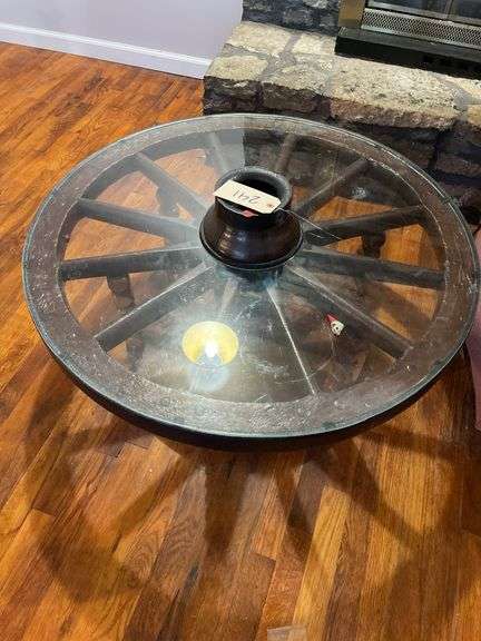 Wagon Wheel Coffee Table with Glass Top