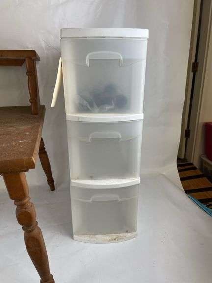 Wooden Side Table and Two Sterlite Drawer Storage Units