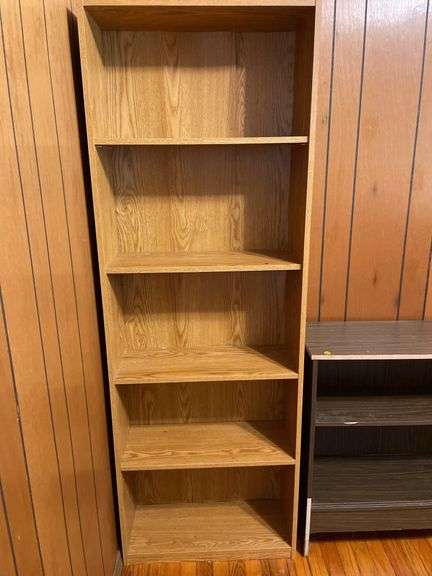 Three Shelf Units: Wooden, Particle Board, and Metal