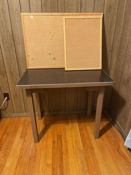 Metal Desk, Rolling Desk Chair, and Cork Boards