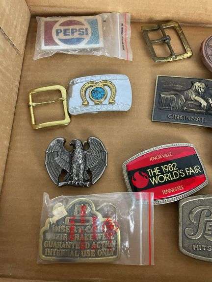 Lot of 14 Collectible Belt Buckles: Pepsi, 1982 World's Fair, Eagle, Cincinnati Zoo & More