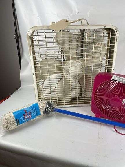Box Fan, Small Fan, Mop, and Step Stool