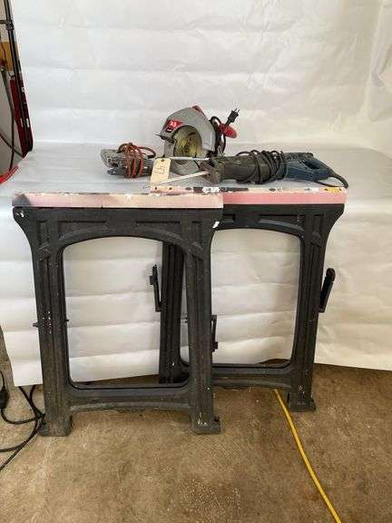 Skilsaw, Ryobi Sawzall, Black and Decker Jigsaw, and Saw Horses