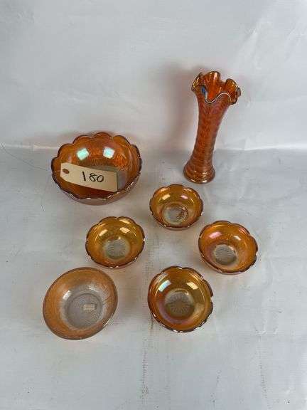 Carnival Glass Bowl and Vase Set of 7