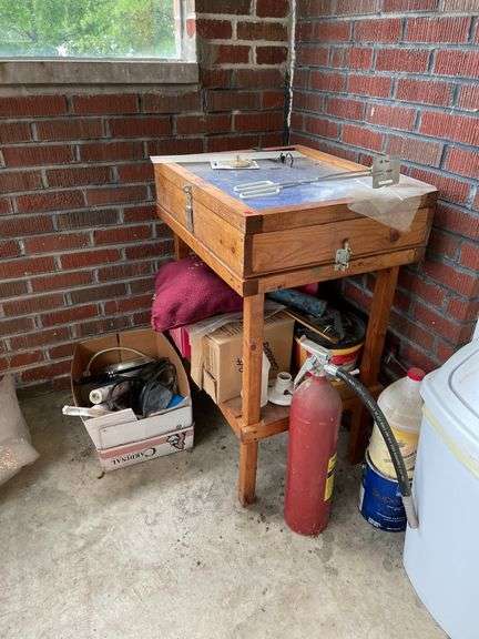 Wooden Display Case Table with Contents