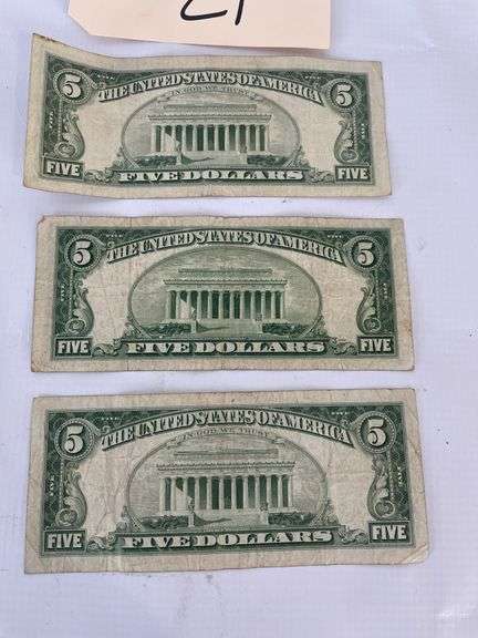 Three $5 Red Seal United States Notes