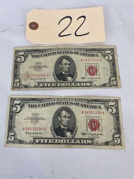 Two $5 Red Seal United States Notes