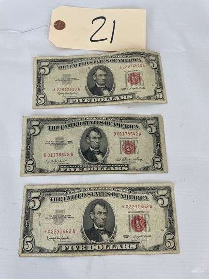 Three $5 Red Seal United States Notes