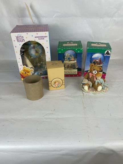 Winnie the Pooh Clock, Snow Globes, Musical Figurine and Stoneware Lot