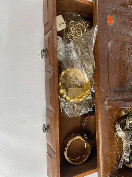 Wooden Jewelry Box with Costume Jewelry & Watches