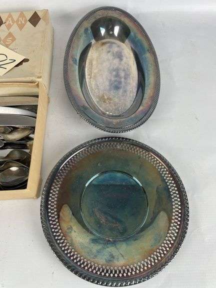 Box of Silverware with Poole Silver Plated Oval Dish