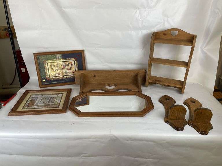 Home Decor Lot: Framed Prints, Wooden Shelves, and Mirror