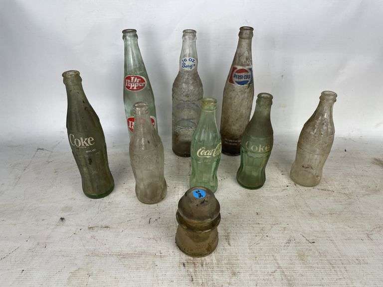 Coca-Cola, Pepsi, Dr. Pepper & Barq's Root Beer Bottles Plus Glass Insulator image