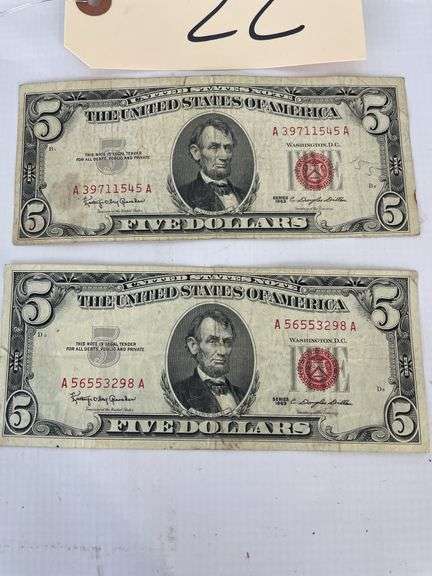 Two $5 Red Seal United States Notes