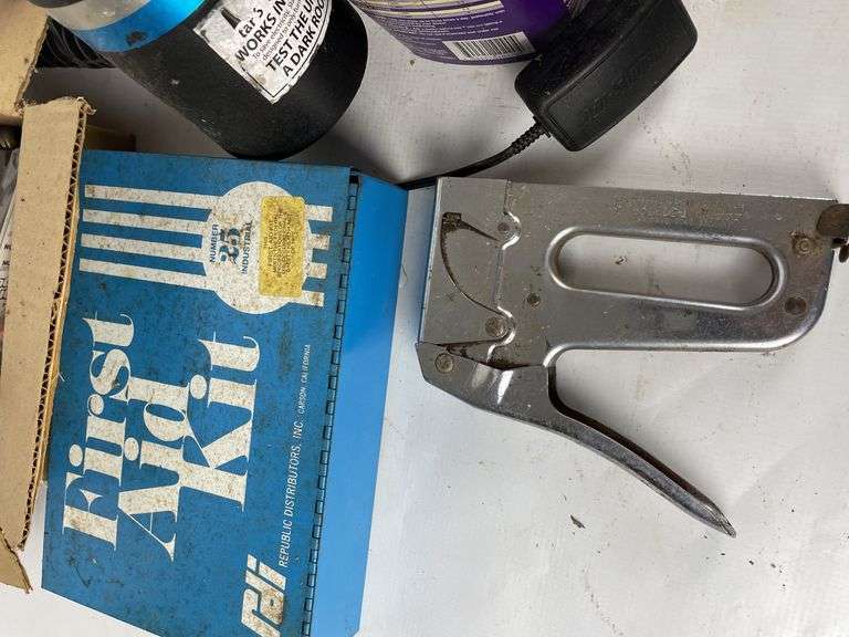 Mixed Lot of Shop Tools & Supplies: Staple Gun, First Aid Kit, Wet Stones & More