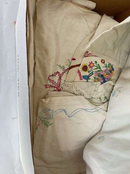 Box of Embroidered Dollies and Table Runners