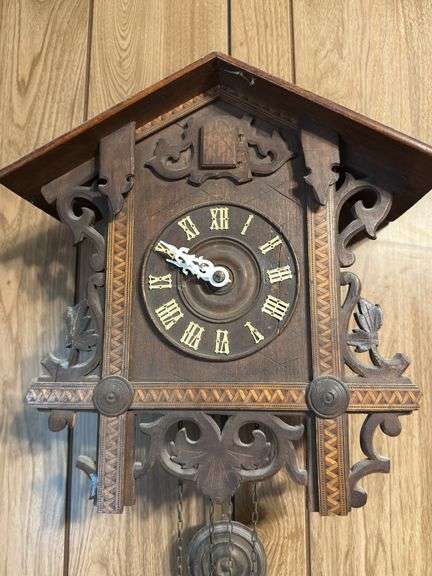 Carved Wood Cuckoo Clock with Pine Cone Weights
