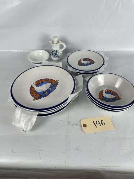 Blue & White Country Goose Dish Set with Plates, Bowls and Vinegar Bottle