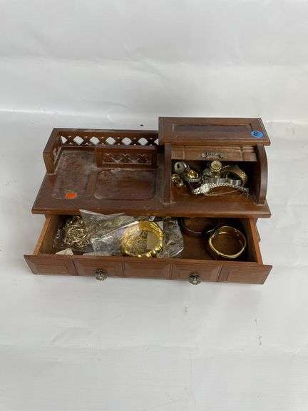 Wooden Jewelry Box with Costume Jewelry & Watches