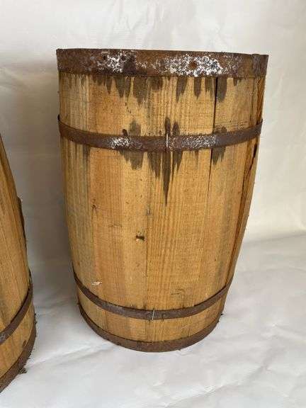 Two Wooden Nail Kegs with Metal Bands