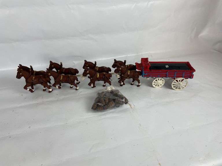 Cast Iron Clydesdales Horse Team with Coach and Barrels