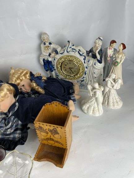 Mixed Collectibles Lot: Porcelain Dolls, Figurines, Matchbox Holder, Candles, and More
