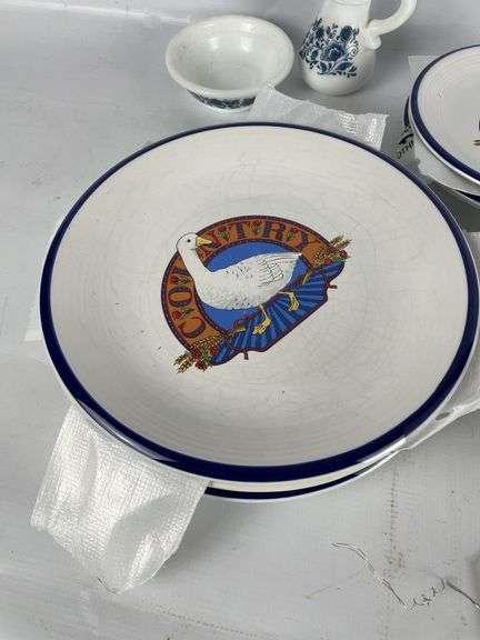 Blue & White Country Goose Dish Set with Plates, Bowls and Vinegar Bottle