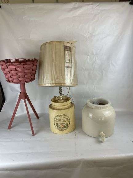 Pink Woven Basket Holder, Porcelain Drink Dispenser and Stone Jug Lamp
