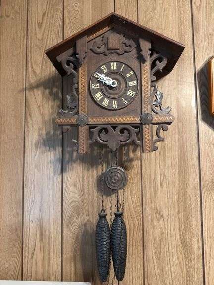 Carved Wood Cuckoo Clock with Pine Cone Weights