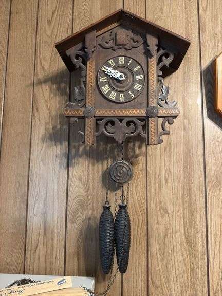 Carved Wood Cuckoo Clock with Pine Cone Weights