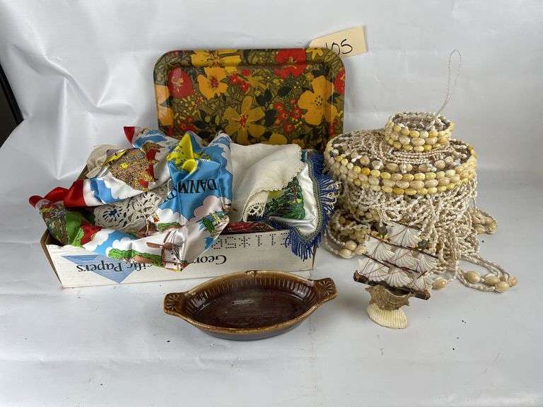 Assorted Collectibles: Floral Tray, Souvenir Scarves, Seashell Hanger, and More