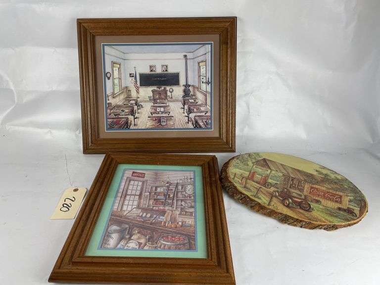 Framed Coca-Cola and Schoolhouse Prints (3)