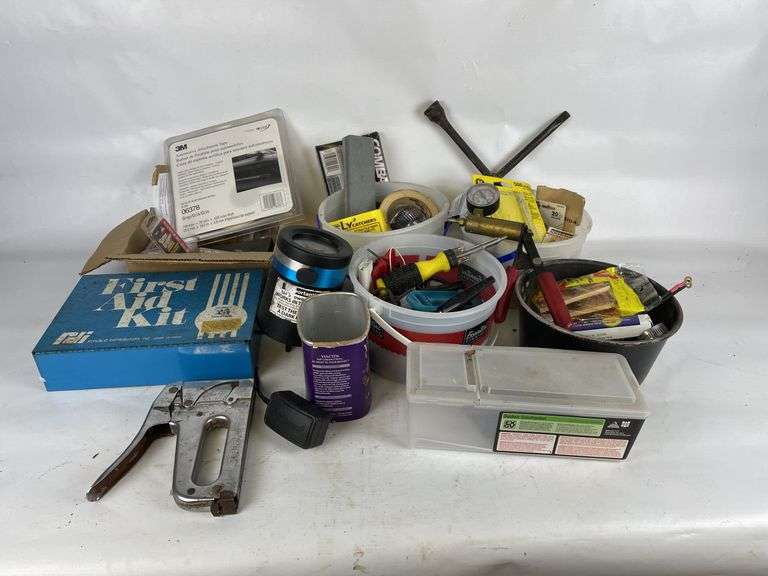 Mixed Lot of Shop Tools & Supplies: Staple Gun, First Aid Kit, Wet Stones & More