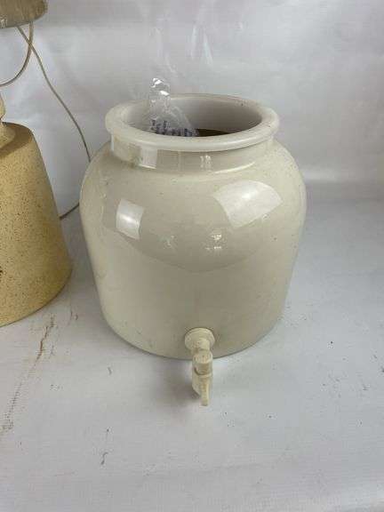 Pink Woven Basket Holder, Porcelain Drink Dispenser and Stone Jug Lamp