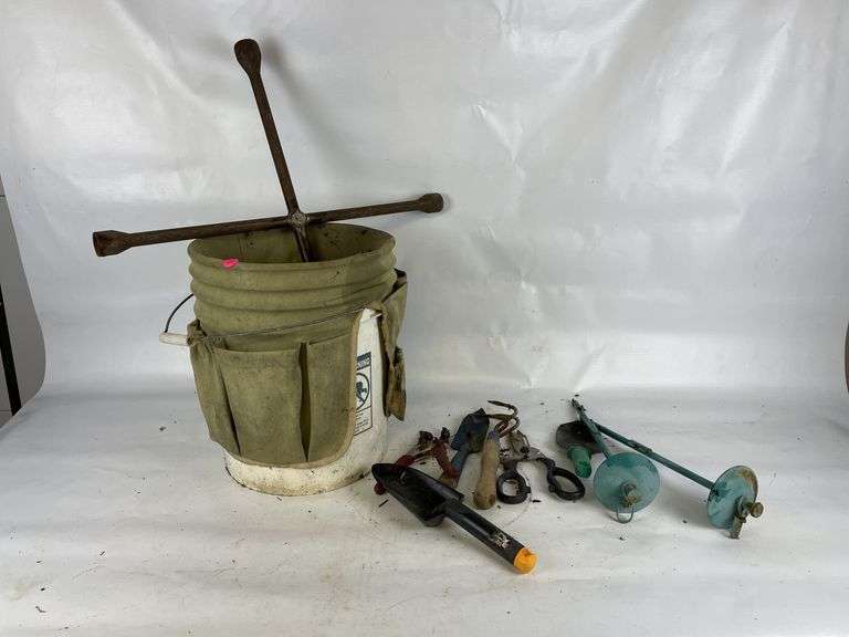 Tool Bucket Lot with Garden Tools and Galvanized Pail