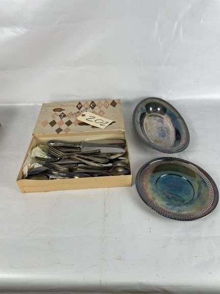Box of Silverware with Poole Silver Plated Oval Dish