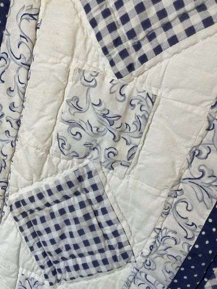Blue and White Patchwork Quilt - 82" x 80"