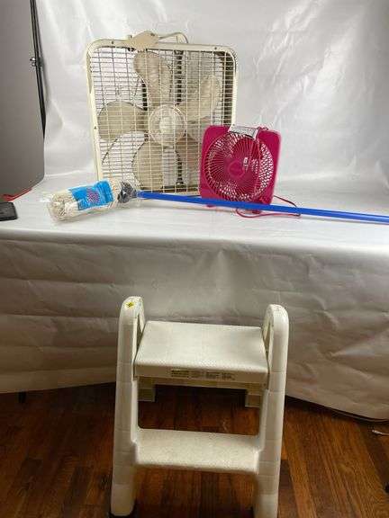 Box Fan, Small Fan, Mop, and Step Stool